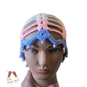 Pride Edition Summer Chain Hat w/Beads, Handmadebyme, One Size, Wht/Blue/Pink